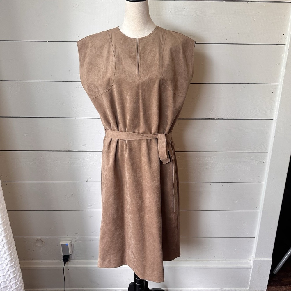 Vtg 70s Abe Schrader Brown Faux Suede Belted Shift Dress L Retro Mod Midi Modest